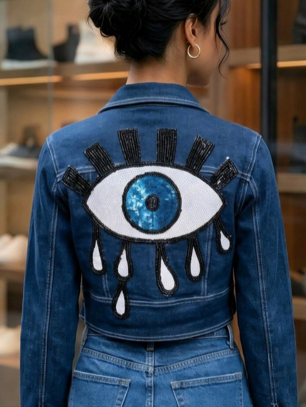 🔥👁 MEBON By Machine Festival Evil Eye Sequin Cropped Denim Jacket NWT Size M
